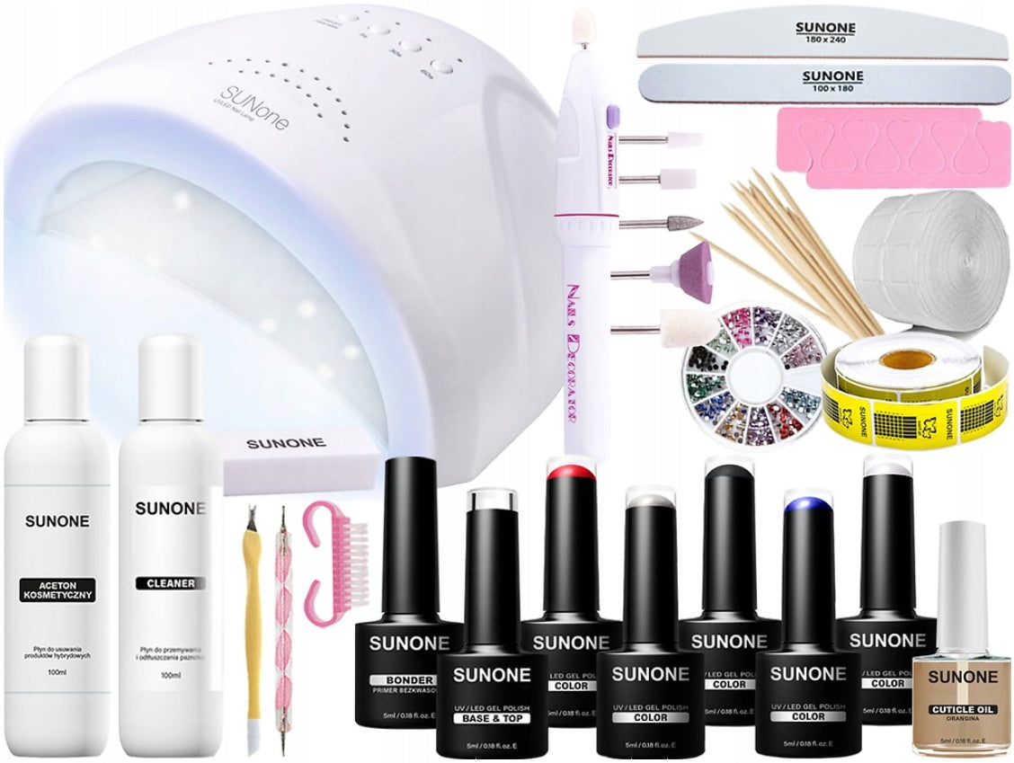 Gel-Nagellack-Set S03: Lampe Sunone SUN1 48W, weiß + Nagelschneider + 5 Spitzen + Zubehör 