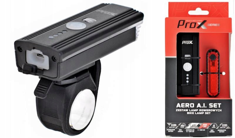 Fahrradlichtset ProX Aero AI 350Lm + 5xLED 10Lm USB, schwarz 