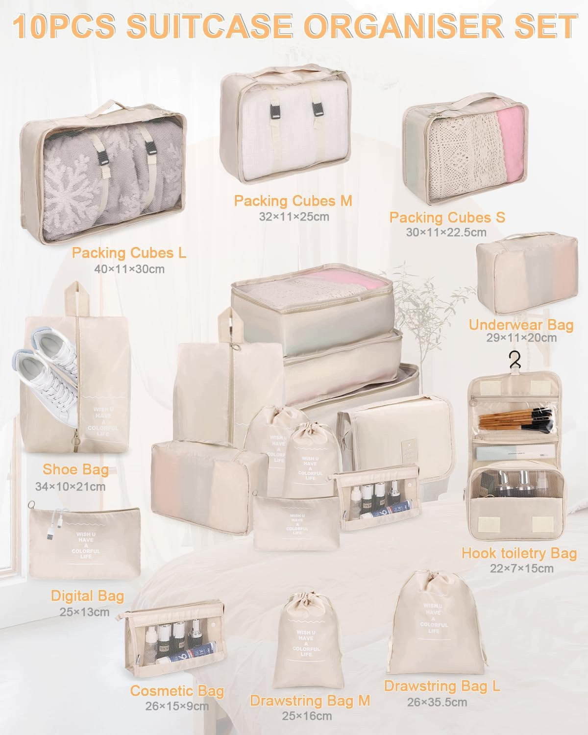 Zofory Suitcase Organizer 10-Piece Waterproof Travel Set Packaging status original