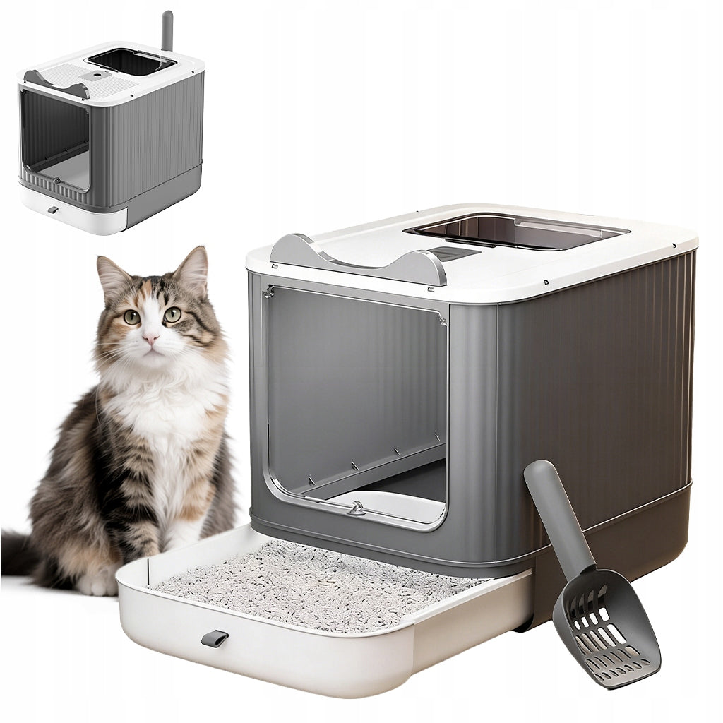 Zwirek closed folding litter box with pull-out drawer and tower scratching post GREY
