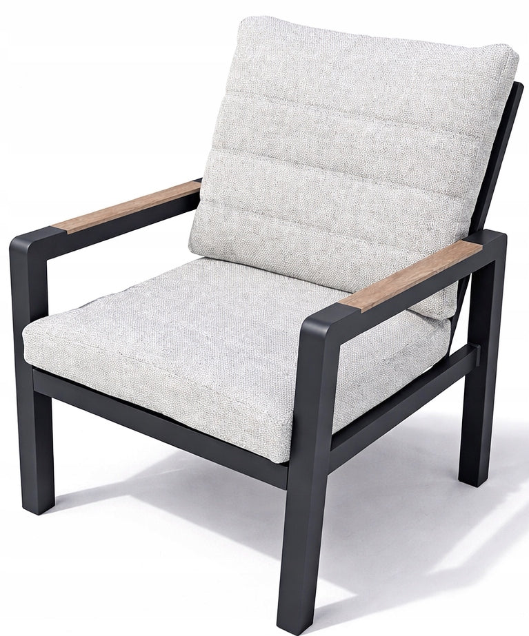 Sodo baldų komplektas: modulinė aliuminio sofa, stalas ir 2 krėslai, grafito spalvos