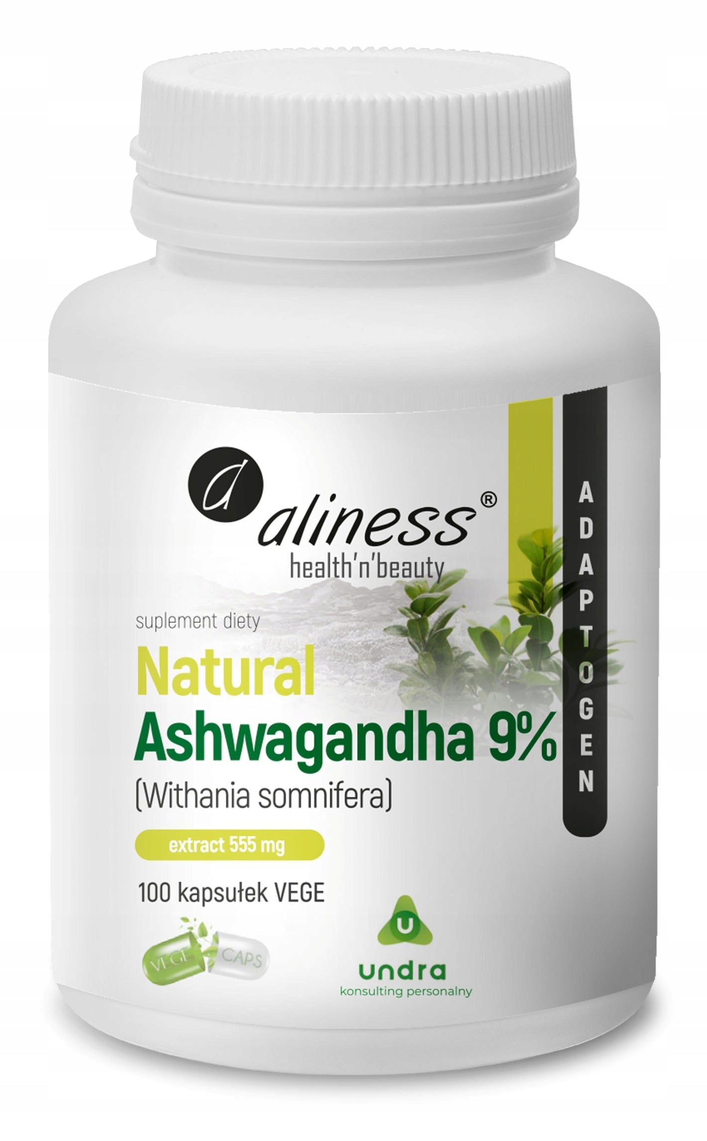 aliness - Natural Ashwagandha 9% | extract 555 mg | 100 vege caps. x 2 Packaging status original