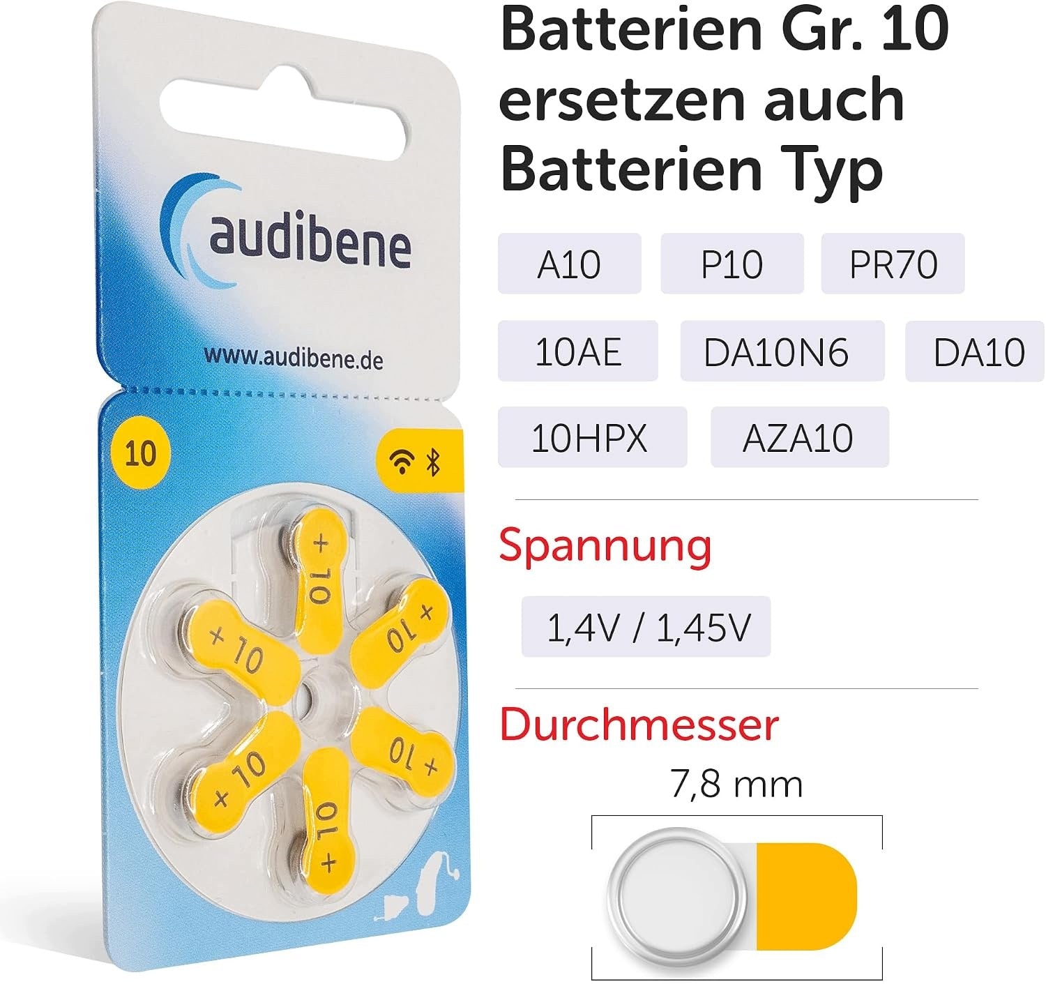 audibene Hearing Aid Batteries 36 Pack 1,45V Type 10 Medical device no
