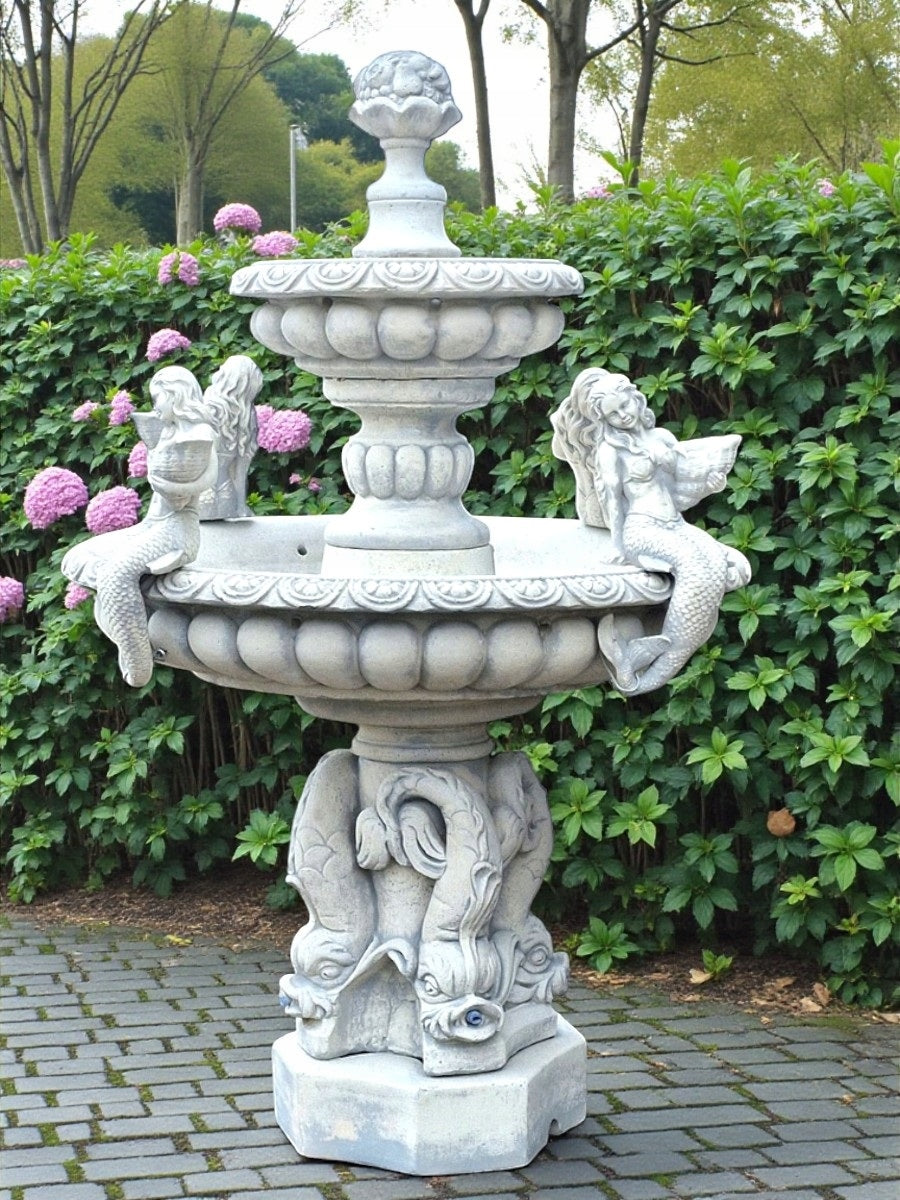 Bilbao Garden Fountain with Mermaid White Concrete Conglomerate Figure Ag-Bet