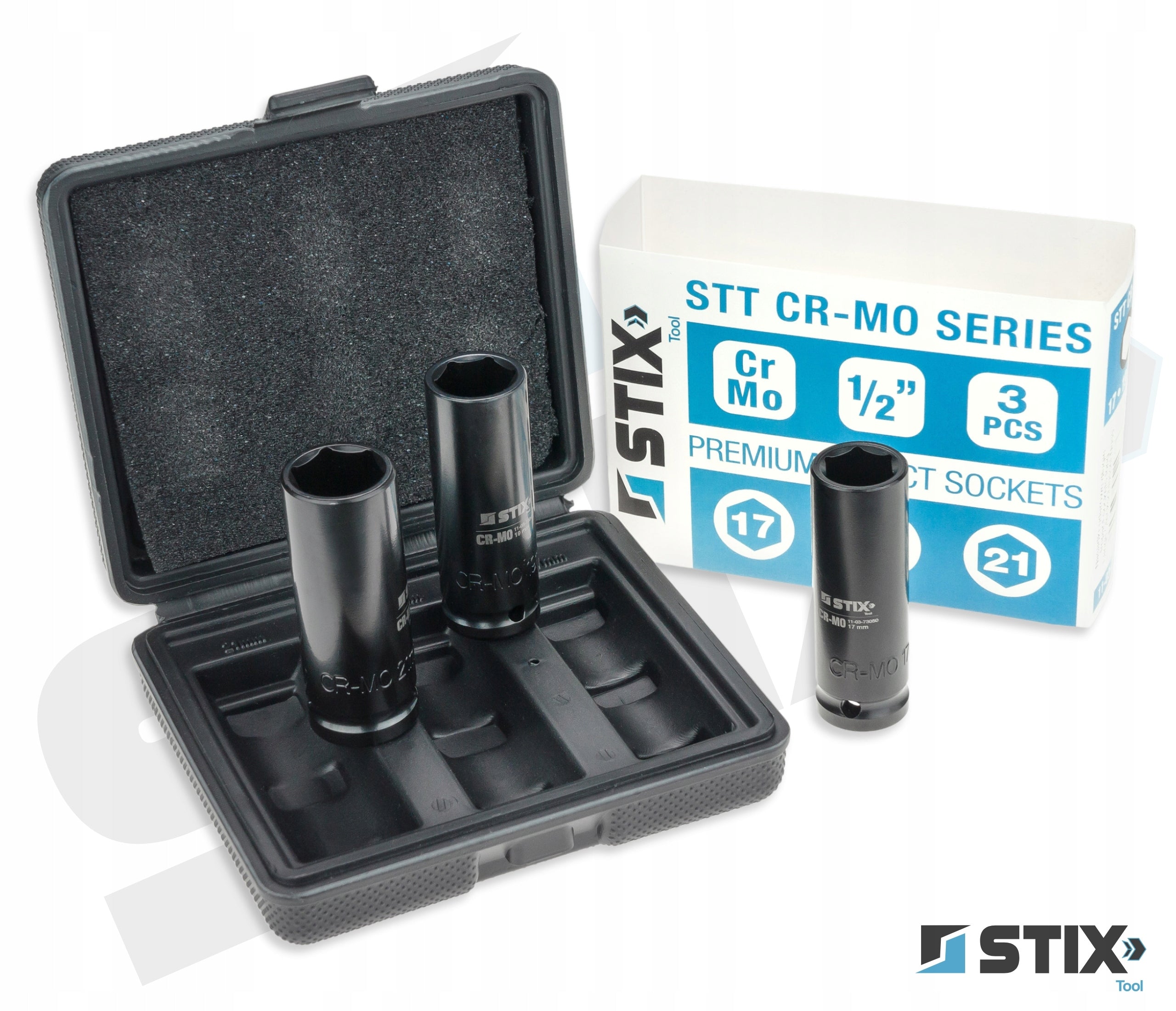 Ilgų smūginių galvučių rinkinys STIX, 1/2", 17 mm, 19 mm, 21 mm, CR-MO