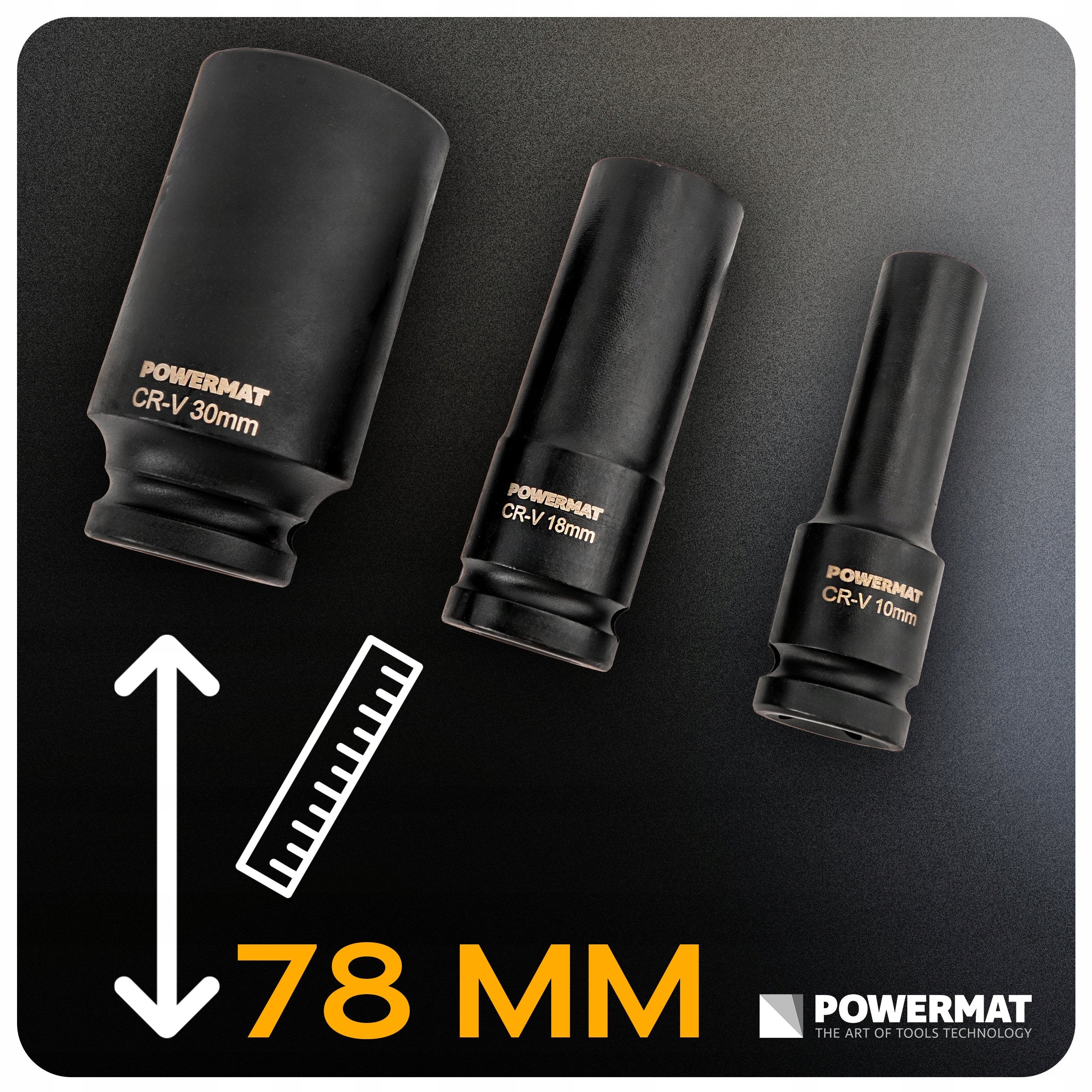 Smūginės galvutės rinkinys, 10–30 mm, 15 vnt., 1/2", 78 mm, CrV, dėžutė