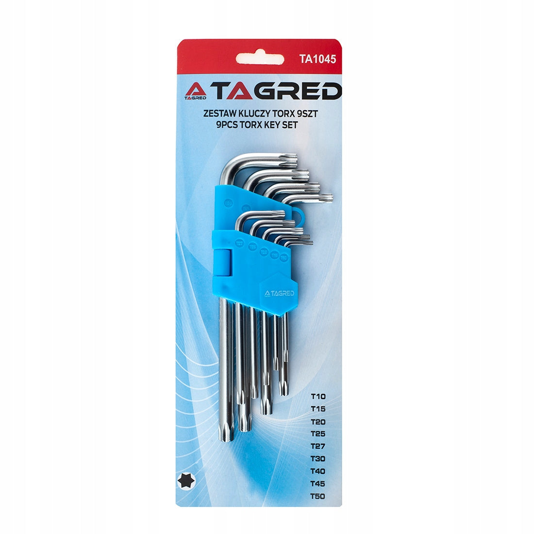 TORX tipo L formos raktų rinkinys su skylute, T10–T50, 9 vnt.