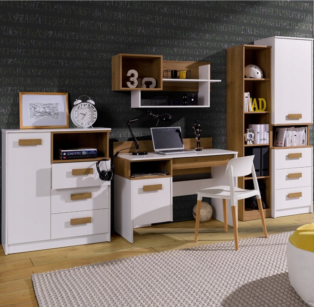 furniture youth desk children white +oak with drawer cabinet shelf Grant 02 Brand MARMEX Meble