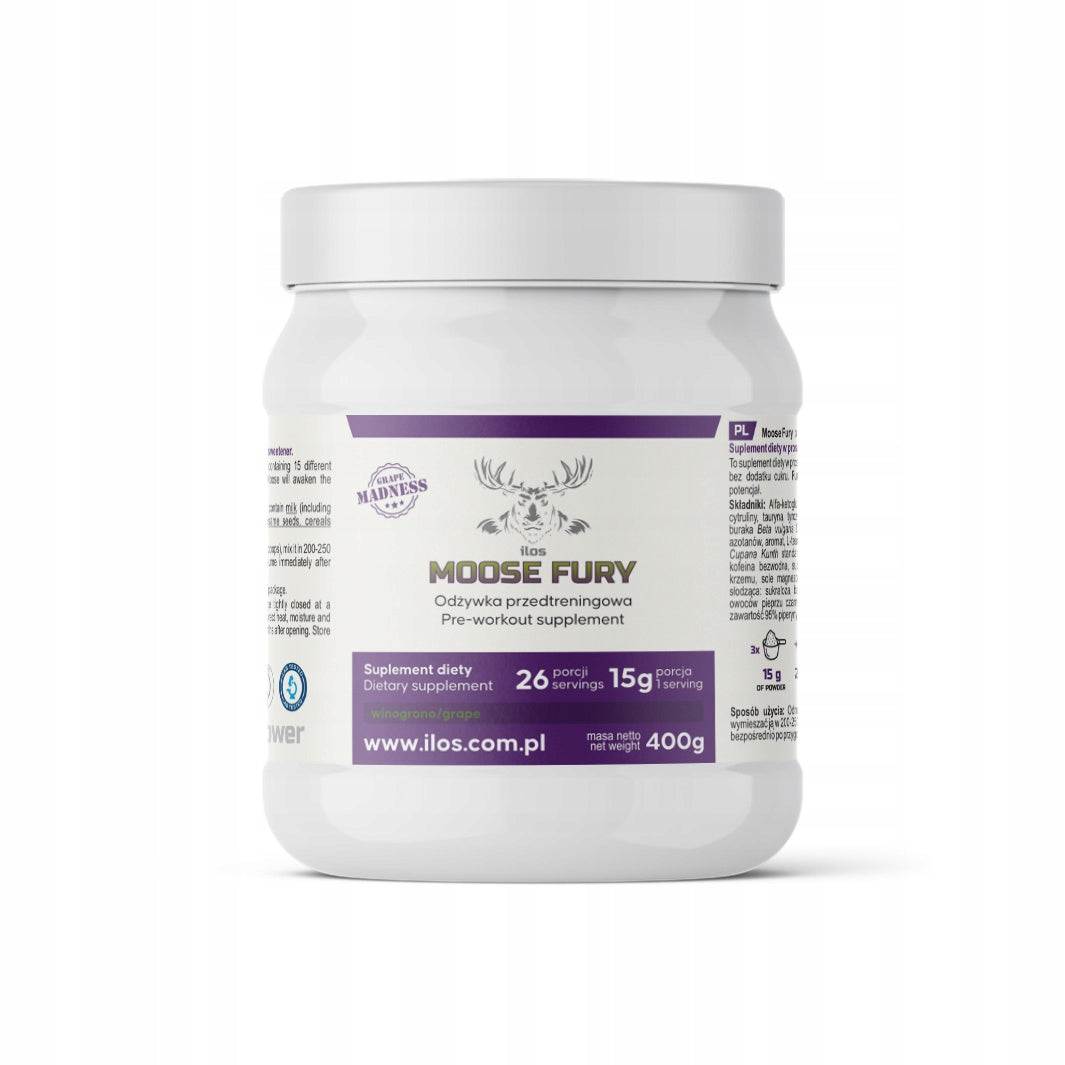 ilos MOOSE FURY ELK FURY PRE-WORKOUT PRE-WORKOUT 400g GRAPE Packaging status original
