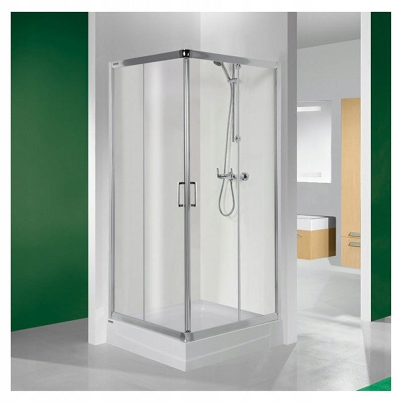Eckduschkabine Sanplast TX KN/TX5b 80er Jahre, Profil silber glänzend, transparentes Glas W0, mit Wanne 