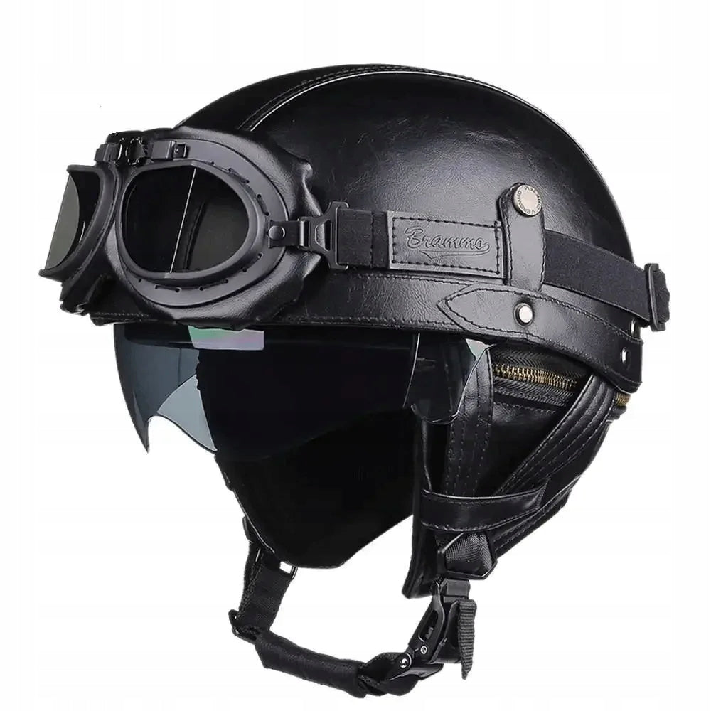 motorcycle helmet leather retro classic light chopper goggle set