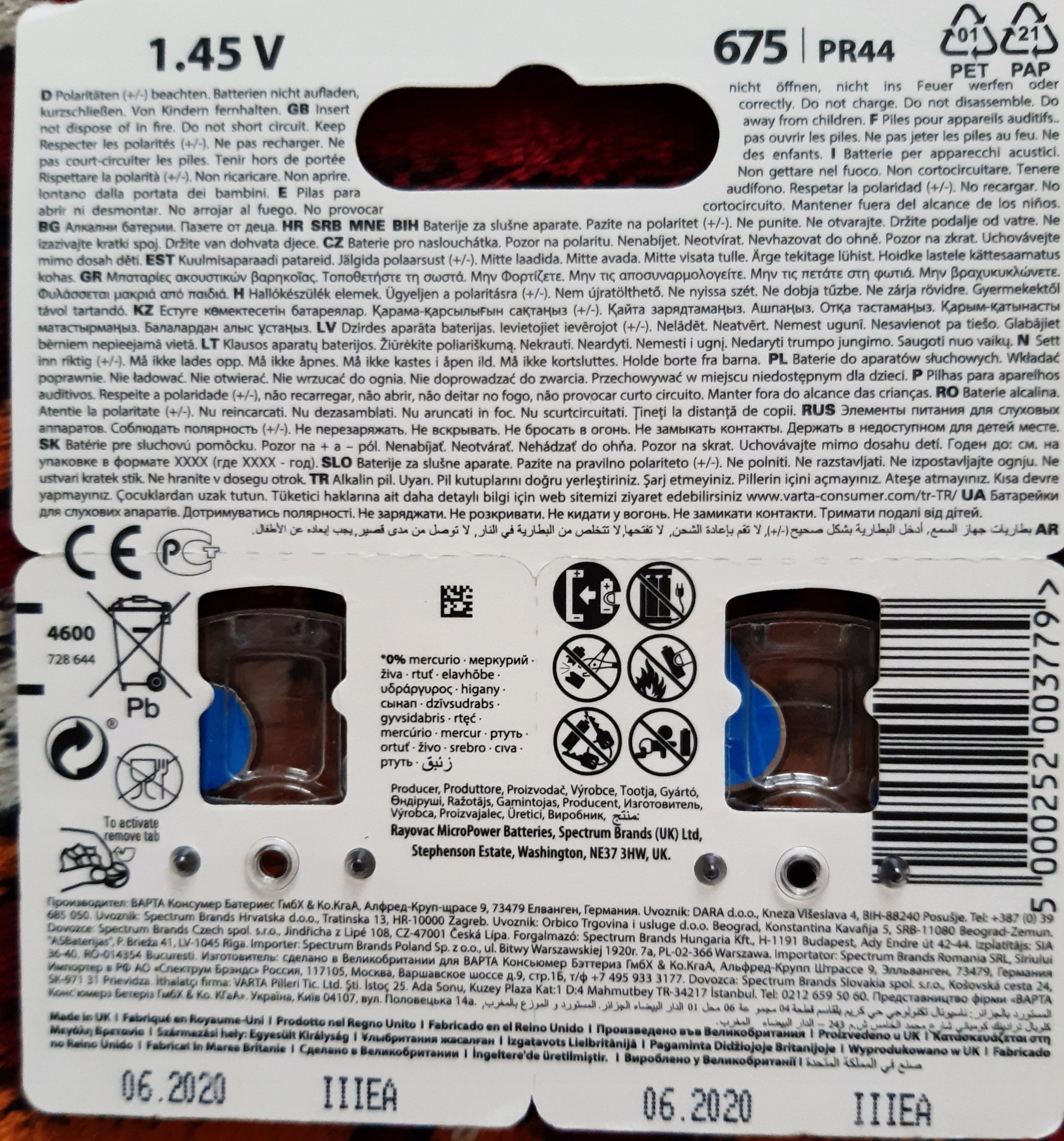 rayovac hearing aid batteries do aparatów słuchowy EAN (GTIN) 5000252003779