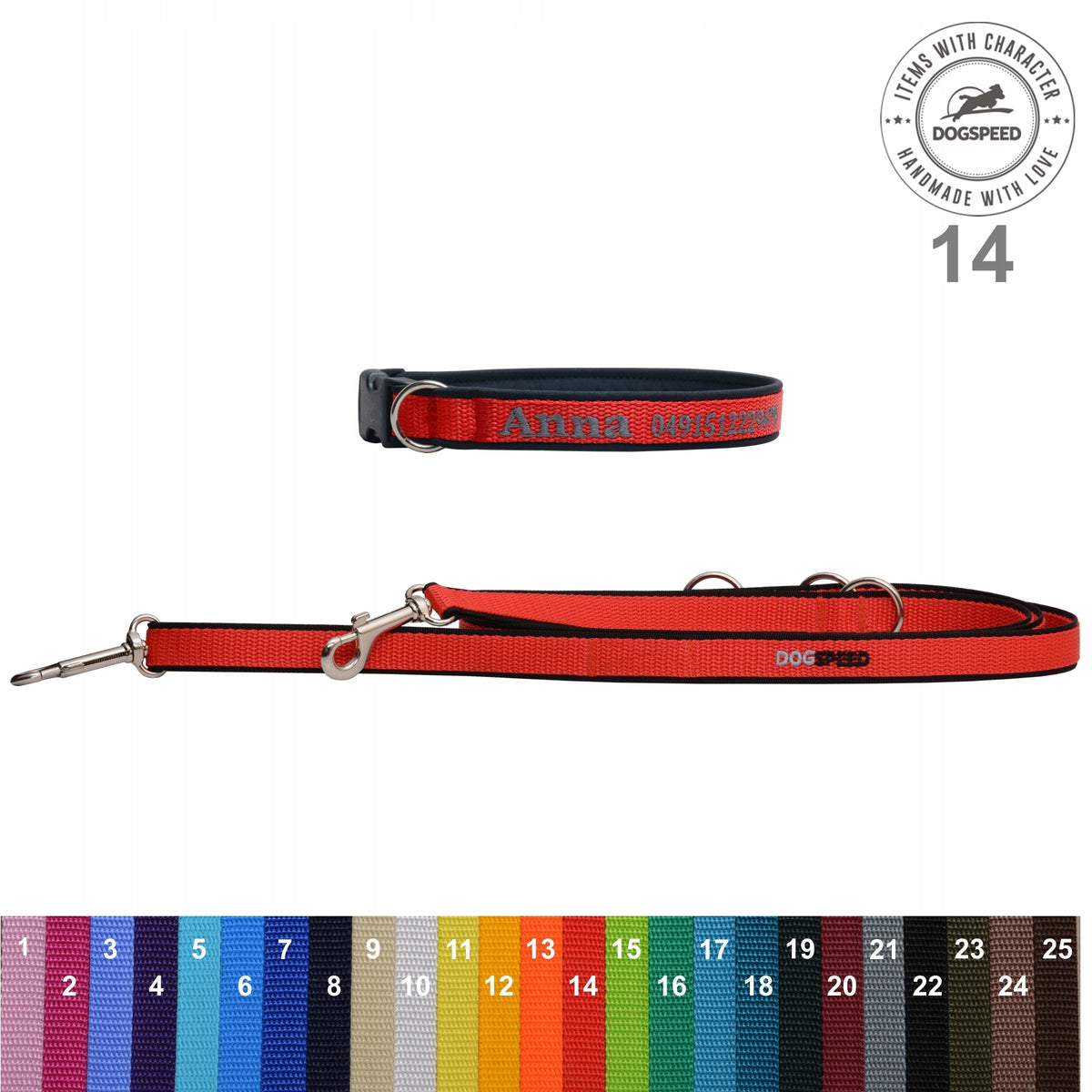 set collar with embroidery and leash width 2,0cm for dog