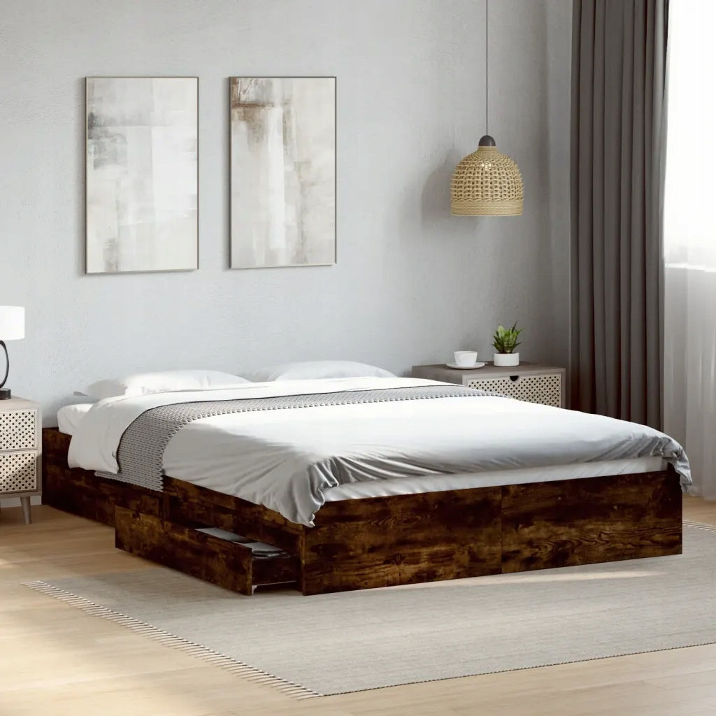 vidaXL Bed frame with drawers, smoky oak, 160x200 cm