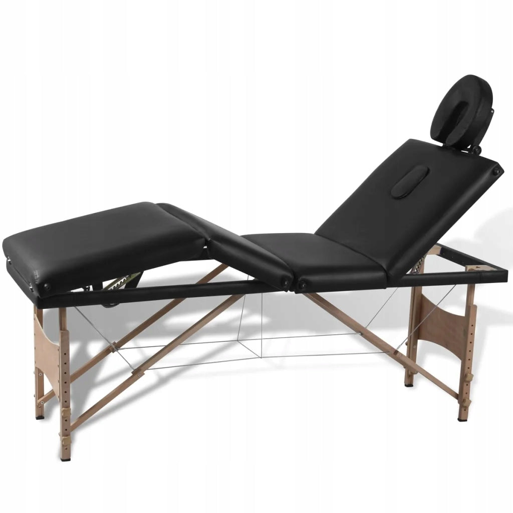 vidaXL Folding Massage Table with Wooden Frame, 4 Zones, Black