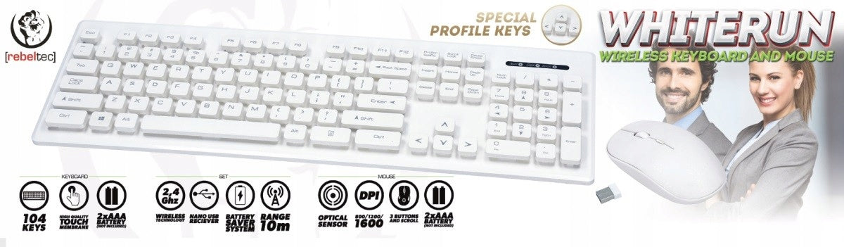 white wireless keyboard + mouse flat keys Batteries included no