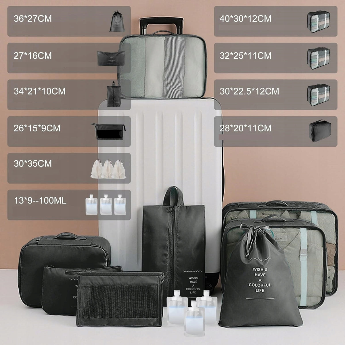 x14 PACKING ORGANIZER SUITCASE TRAVEL BAGS LUGGAGE CUBES WATERPROOF Color black