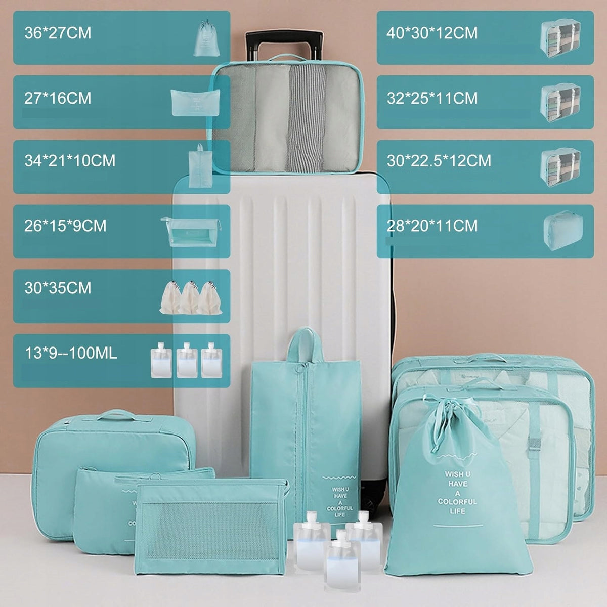 x14 PACKING ORGANIZER SUITCASE TRAVEL BAGS LUGGAGE CUBES WATERPROOF Color blue
