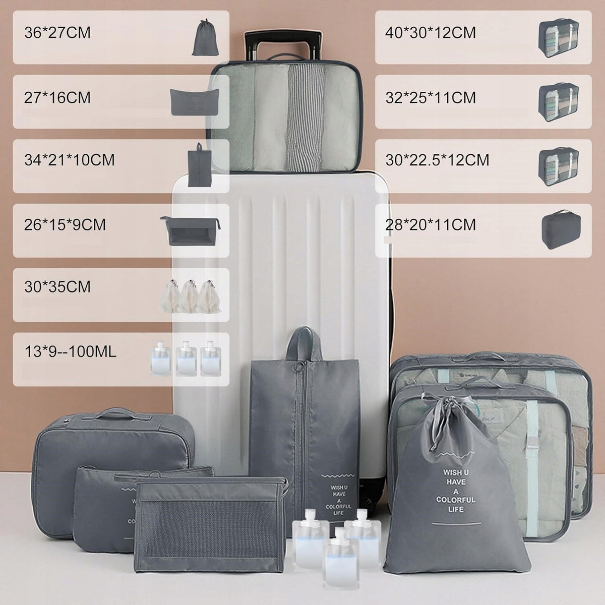 x14 PACKING ORGANIZER SUITCASE TRAVEL BAGS LUGGAGE CUBES WATERPROOF Color gray