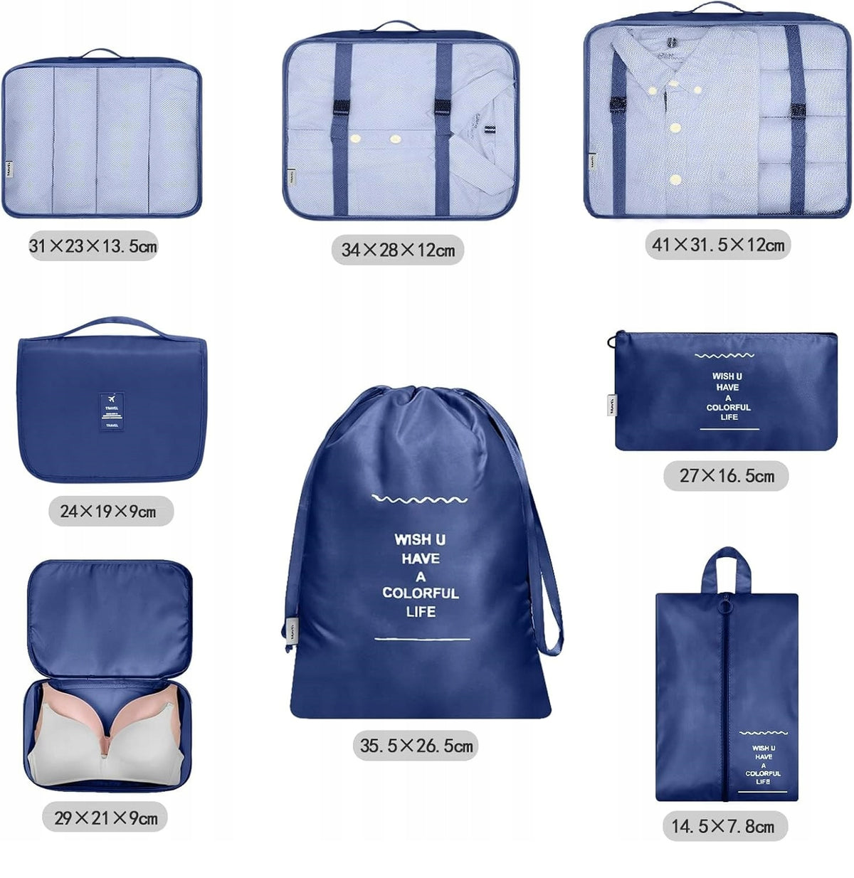 x8 PACKING ORGANIZER SUITCASE TRAVEL BAGS LUGGAGE CUBES WATERPROOF Color blue