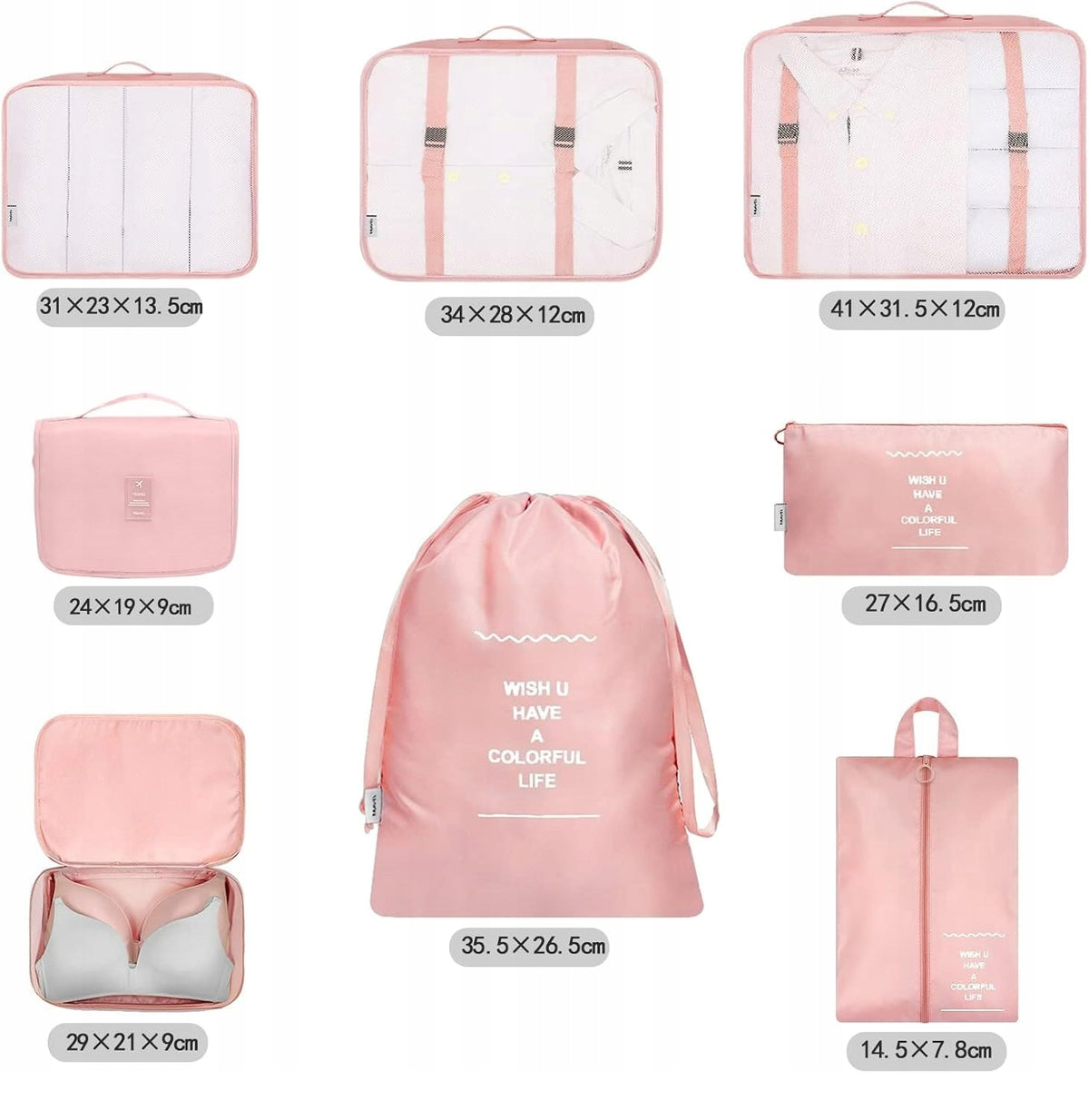 x8 PACKING ORGANIZER SUITCASE TRAVEL BAGS LUGGAGE CUBES WATERPROOF Color pink